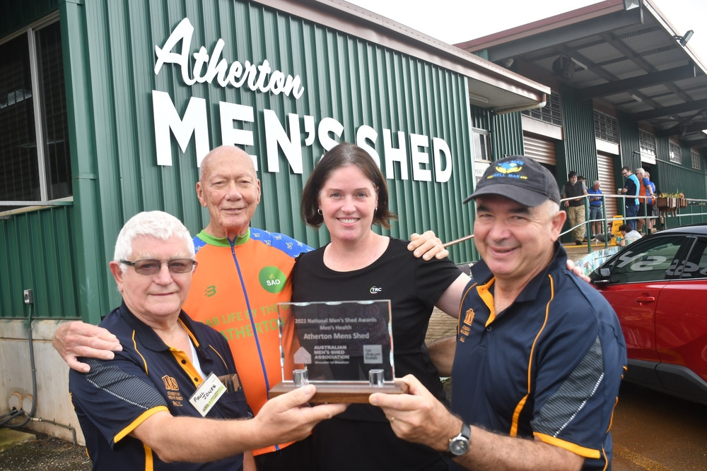 Atherton Mens Shed president Paul Jones with Dennis Lee Sye, Megan Smart from TRC Community Programs and Atherton Community Health Clinical Nurse Mal Fraser.