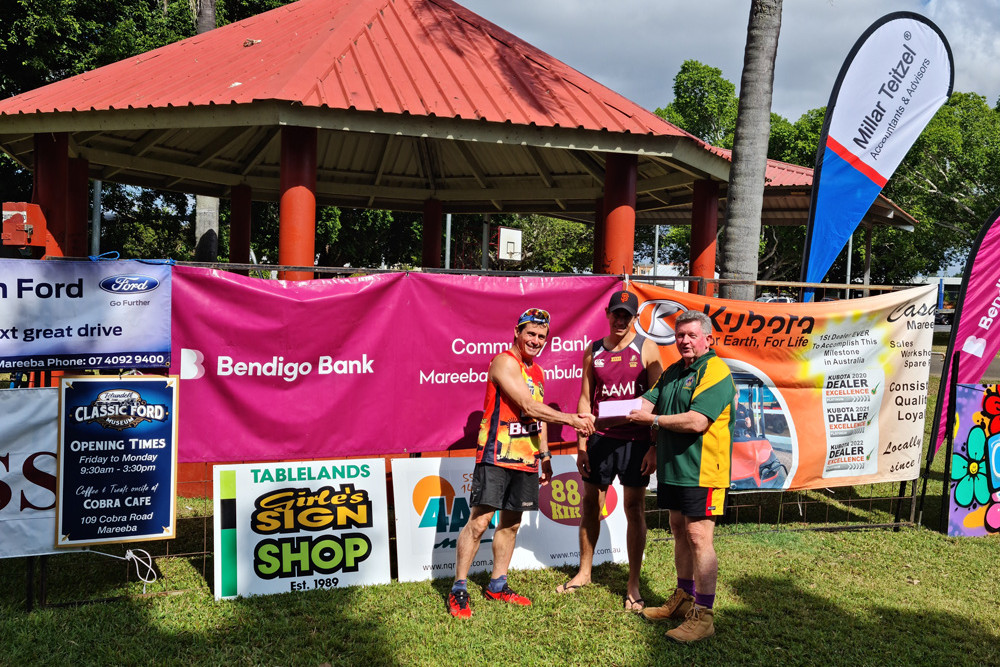 Sandro Soncin and Charlton Best once again took out the fastest time for the Mareeba Lions Club Metrogaine on Sunday. Pictured is Sandro and Charlton with Lion Tom Braes.