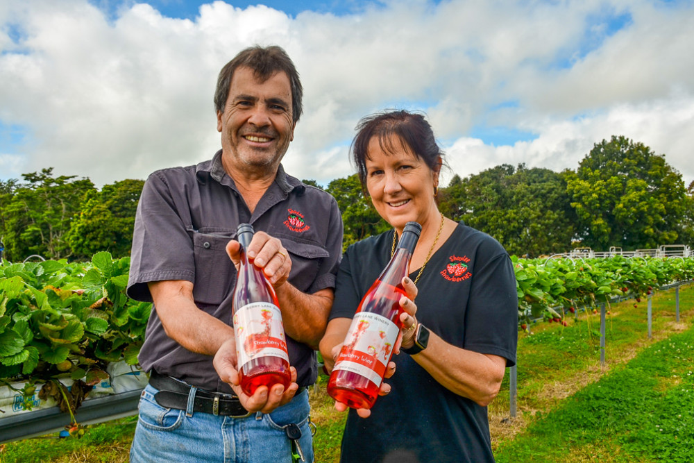 Joe and Alison Barletta showcasing Shaylee Strawberries’ highly anticipated strawberry wine.