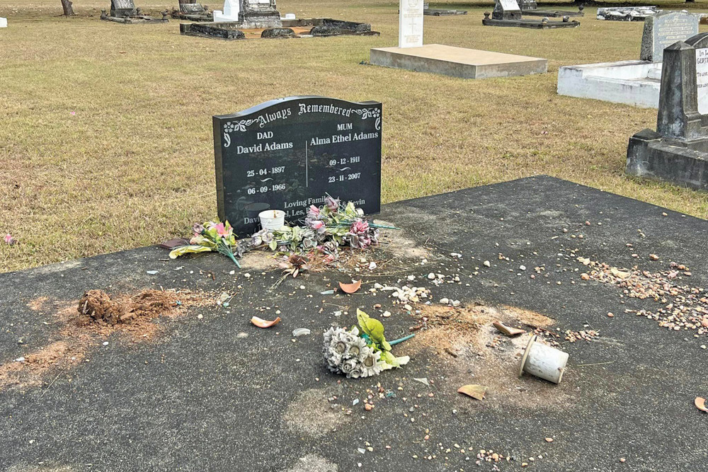One of the graves at the Pioneer Cemetery that was attacked by vandals, smashing ornaments and vases.