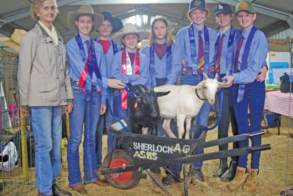 Atherton State High School goat show team members with judge Cicelia Riddler. (from left) Shelby Hamilton, Yana Butler, Bella Poulos, Elke Edwards, Caitlin Channells, Madeleine Scrivens, Leah Withers with twin goats Yin (left) and Yang (right) which are opposite in colour to each other.