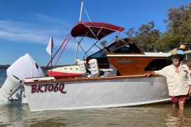 Brendon O’Rourke with his beautifully refurbished Hartley Flareline motor cruiser, which one the Best Boat award at the 2023 Great Tinaroo Raid. (PHOTO: Dermot Smyth)
