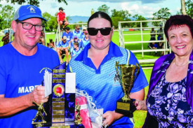 Club coach Garry Toshach and Mareeba Shire Mayor Angela Toppin with Ladies Champion Player Kasey Sheppard.