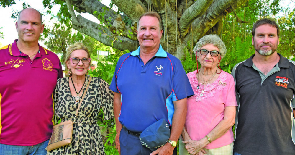 Retired Tablelands police Inspector Russell Rhodes (centre) with his family on Saturday – brother Michael, sister Sandra, mother Thelma and brother Brad.