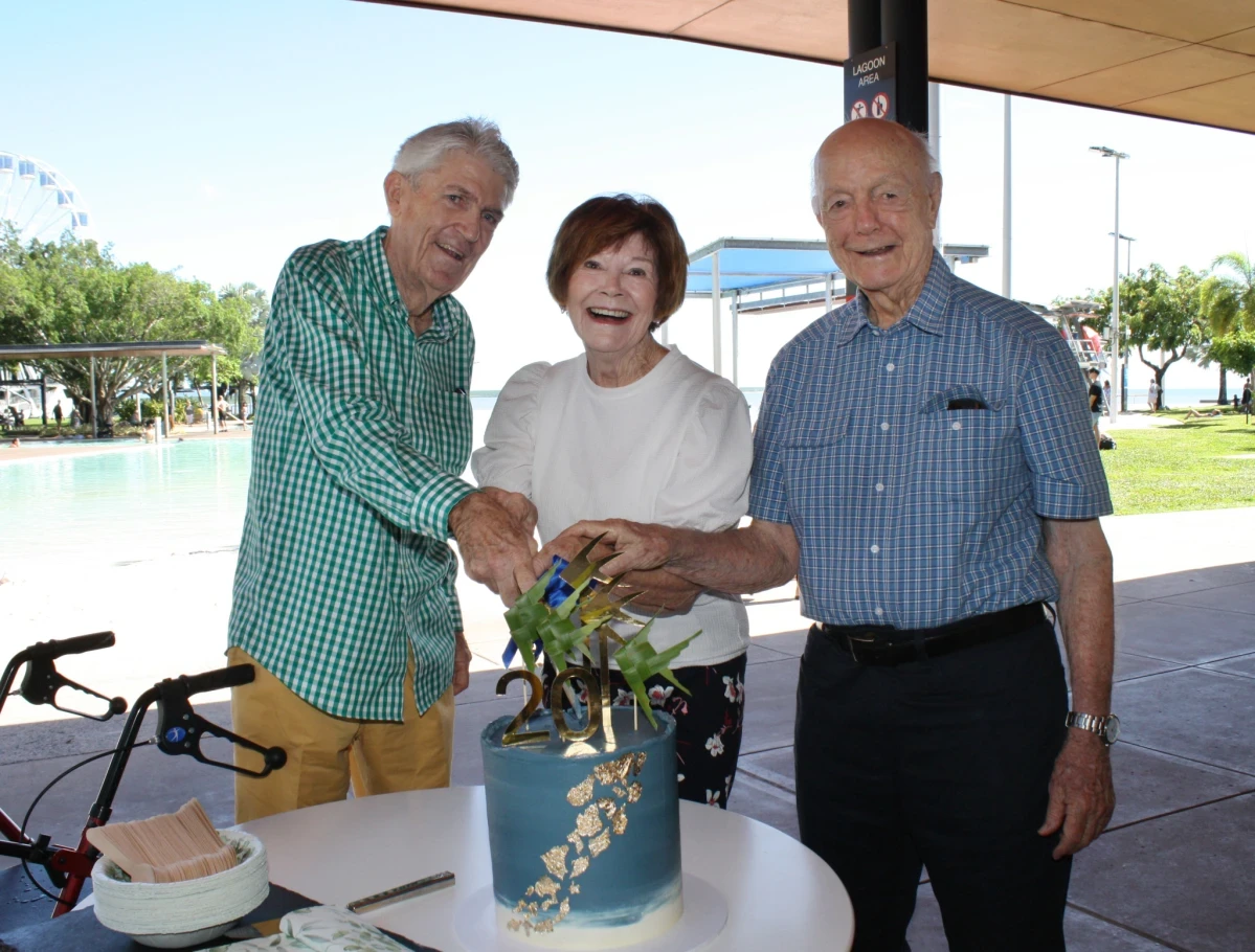 Kevin Byrne at the Lagoon’s 20th birthday cake cutting with former Cairns MP Desley Boyle and former Mayor Ron Davis.