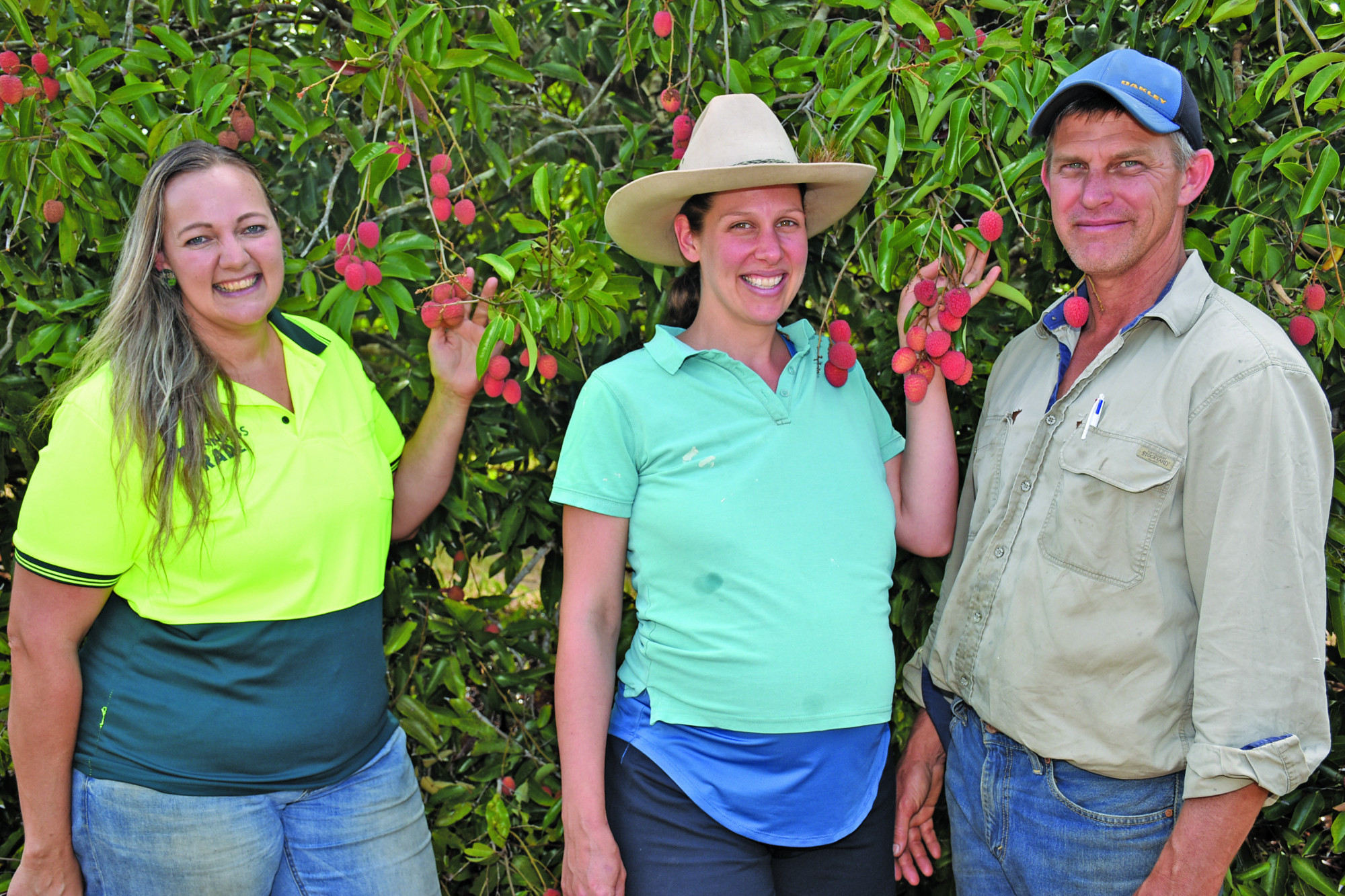 (L-R) Angela Nason from Tablelands to Tabletop, Ellen Ritchie and Craig Warleman at their newly bought Lychee farm