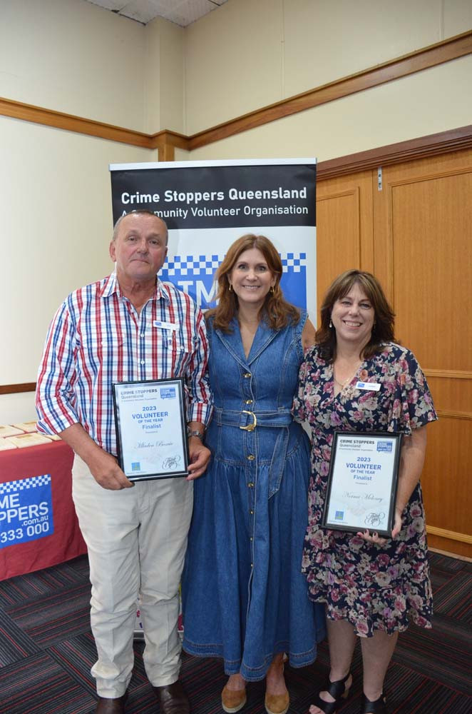 Mladen Bosnic and Norma Moloney are finalist in the CrimeStoppers Queensland awards for volunteer of the year. Pictured with Kath Innes (centre), Queensland Police Service Assistant Commissioner Board representative.