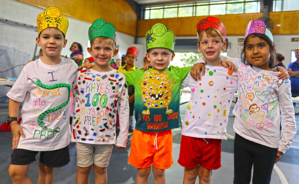 Raymond Brady, Khye Bale, Lochlan (first name only), Theo Campbell and Inza Khan matched their outfits to celebrate their 100th day in “big school”.