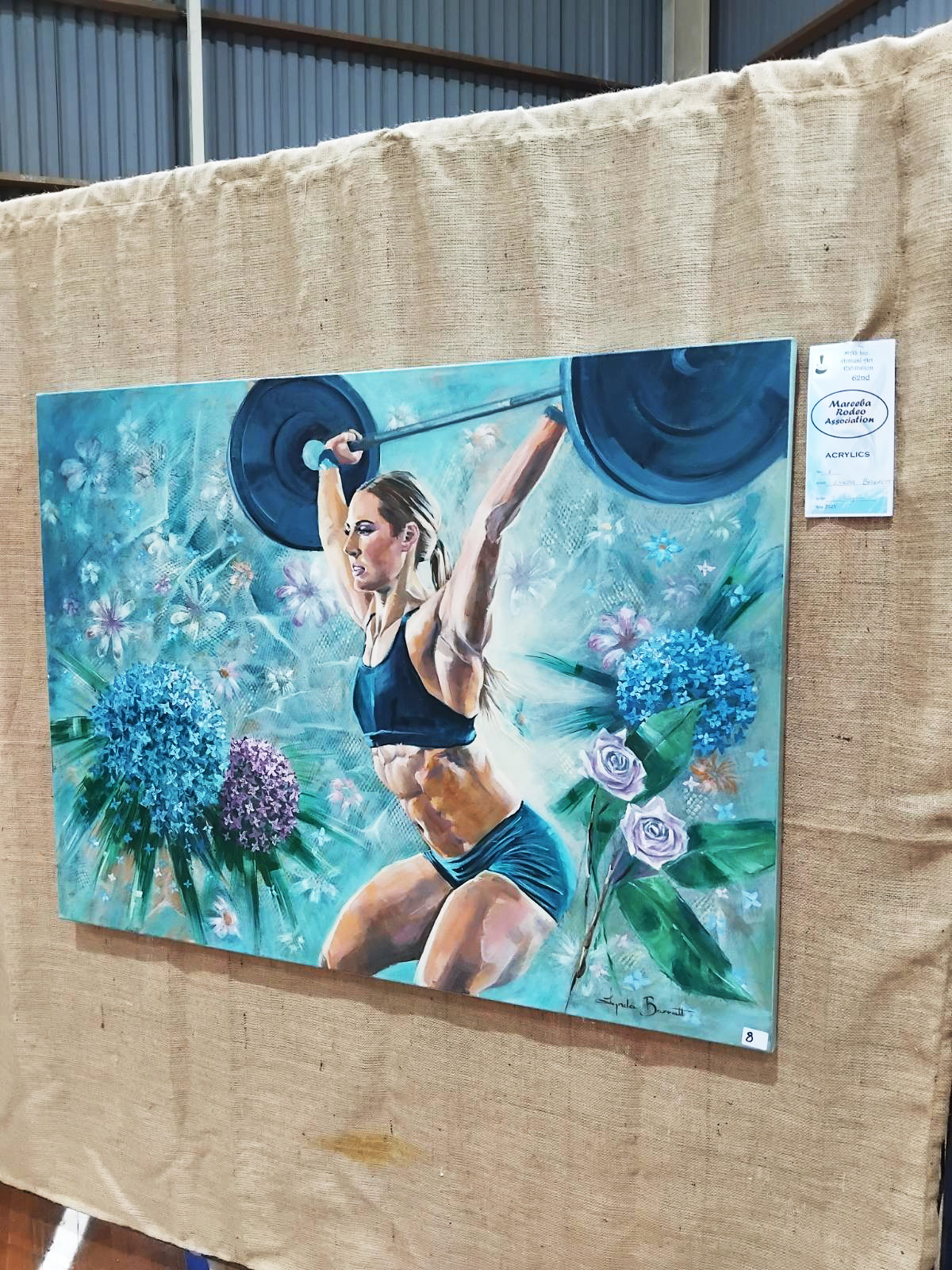 Winner of acrylic, “Charged” by Linda Barrett.