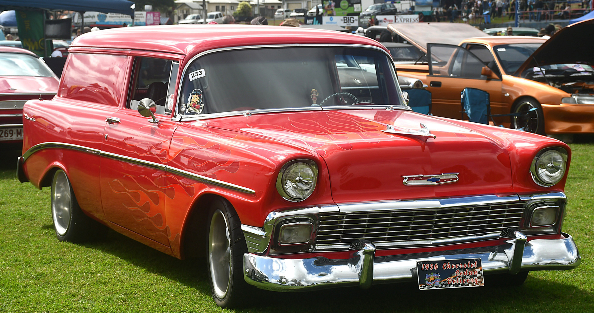 This red 1956 Chevrolet delivery sedan was a standout.