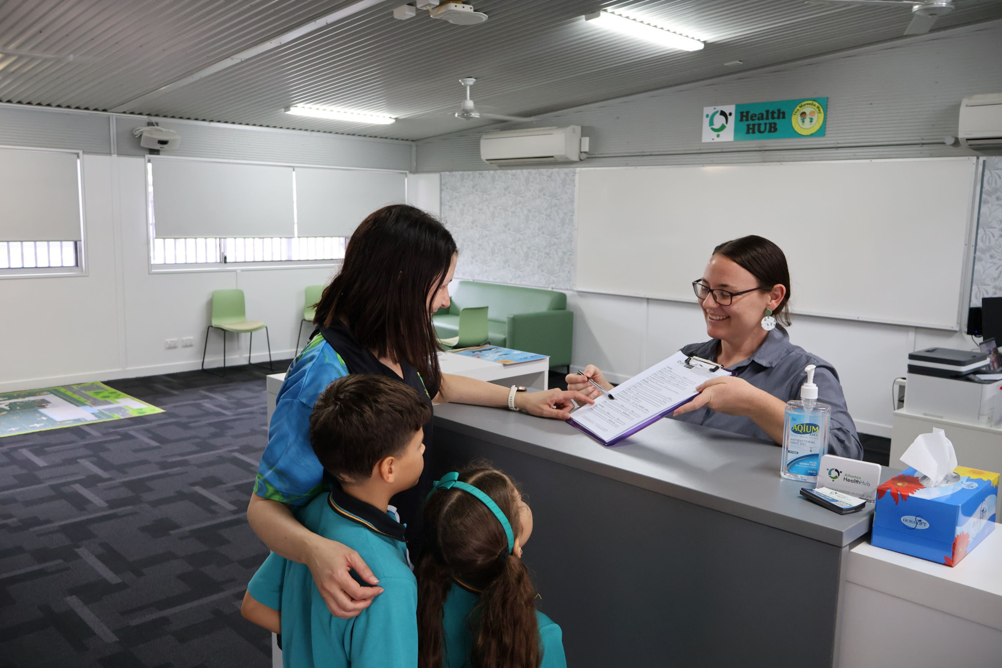 Two students making a visit to the Health Hub.