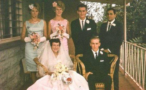 Cheryl and Eric with bridesmaids and groomsmen on their wedding day on 12 February 1966.