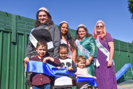 Mareeba Kids Campus Manager Karl (“Karleena”) Thorne, Raj Mally, Stephanie Shabam and Kristy Chaplain with students Zavier Thorne, Angelica Nicholls and Tayla Shabam won best dressed staff for the rodeo dress up competition.