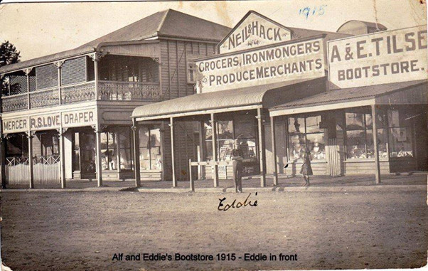 Alf and Eddie Tilse’s Bootstore – Eddie standing in front in 1915.