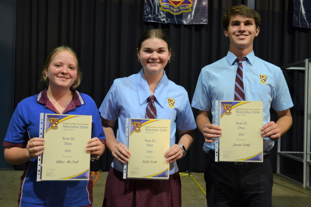 Mareeba High’s Grade 10 Dux Chloe McNab and the two Grade 11 Dux, Kelli Scott and Jared Latif