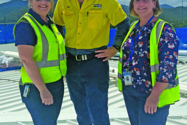 Acting Director Nursing and Midwifery Leonie Jennings, FKG project Manager Kent Radnedge and Project Planning Lead Jillian Tanswell on the completed roof of the hospital.