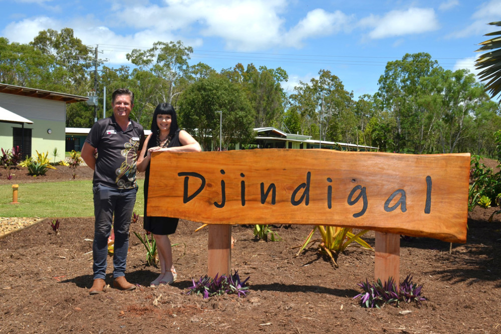 Dr Phil Flint and Yolonde Entsch at the entry to Mission Australia's new rehabilitation centre "Djindigal", the local First Nation's word for a place of grounding, reconnecting and healing.