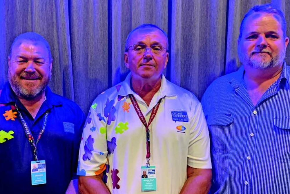 Crime Stoppers volunteers Liaison Andrew Jones with Far North Queensland Volunteer Area Committee chair Mladen Bosin and their police representative Detective Inspector of the Far North District Crime Group Kevin Goan.