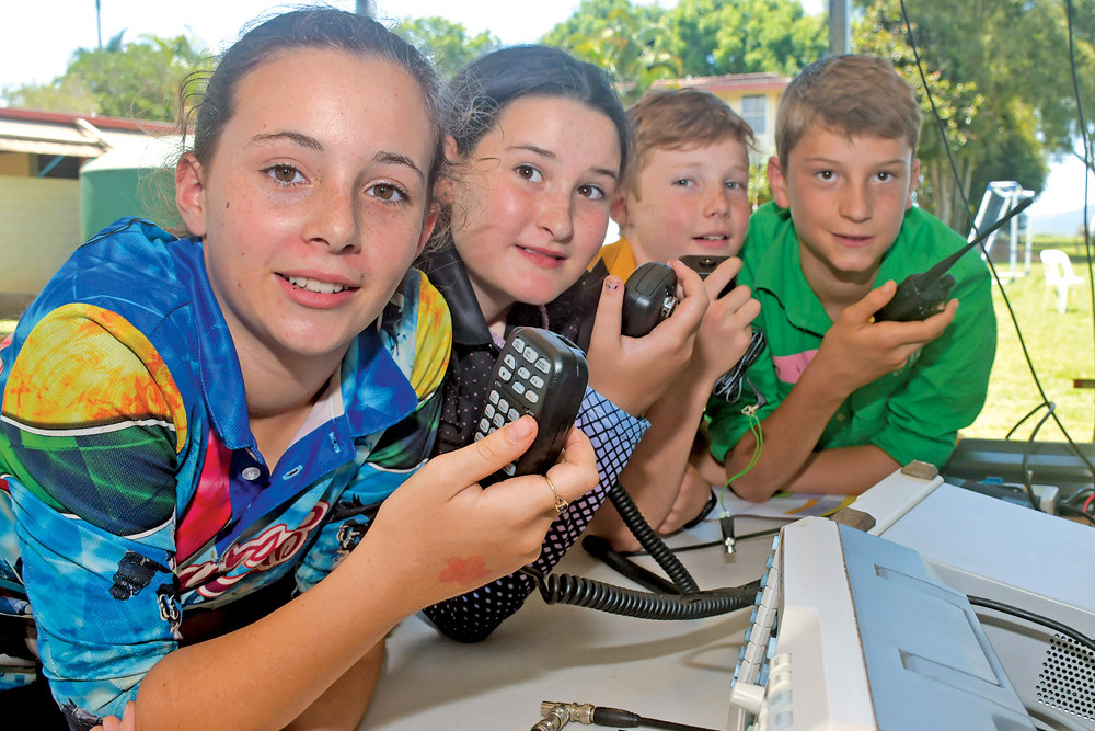Cassia Sampson, Nelly Bailey, Blaize Fleming and Ben Du-Plessis at their amateur radio station VK4KSS opening day.