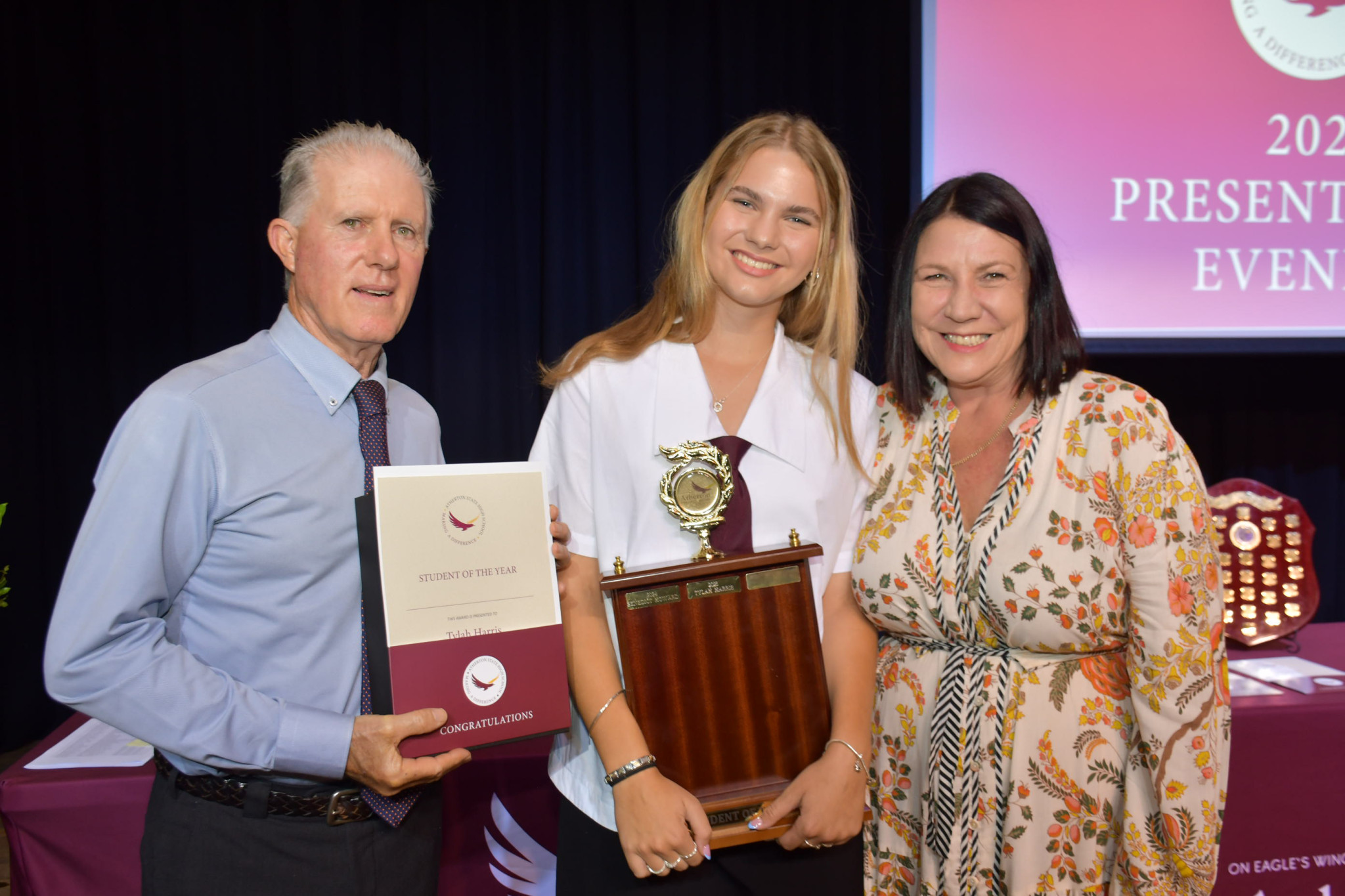 Tylah Harris (middle) took home the prestigious Student of the Year award, which was presented by Tablelands Mayor Rod Marti and school principal Leanne Knight-Smith.