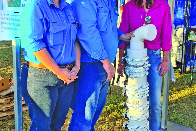 Maree and Alan Thomsett of Fly-Gone, Homebush, helped Bub Dixon of "Payne's Lagoon" Station, Charters Towers, take delivery of her new back-rubber at the FNQ Field Days Mareeba recently