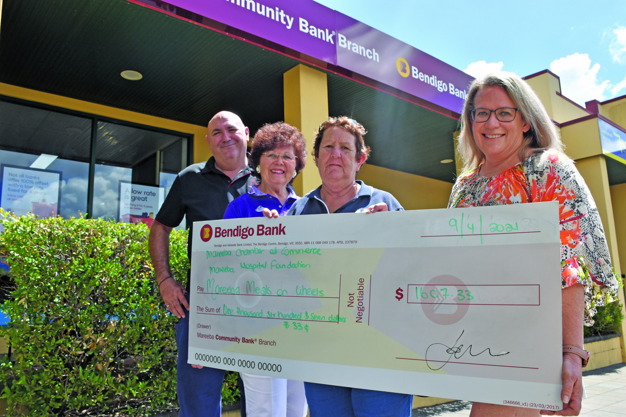 Mareeba Chamber of Commerce President Joe Moro, Mareeba Friends of the Hospital Foundation Board Member Robyn Boundy and Mareeba Meals on Wheels Co-ordinator Leanne Wallace with one of the $1,600 checks being presented by past Mareeba Business Women’s Club President Stacey Shaw