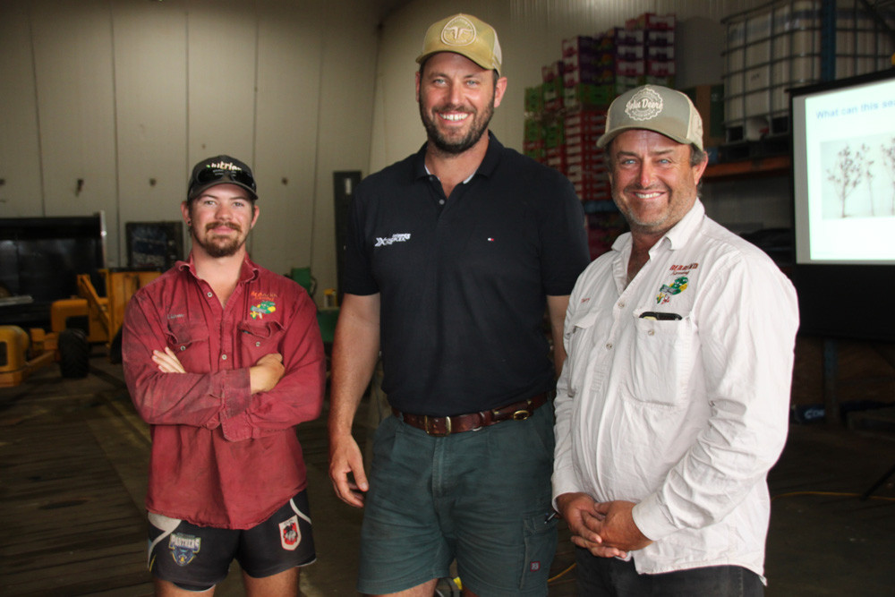 Liam Reynolds (left) and Terry Tranter (right) cotton growers from "Redbend Farming," Hot Springs, chatted with local Bayer rep, Ben Turner (centre).