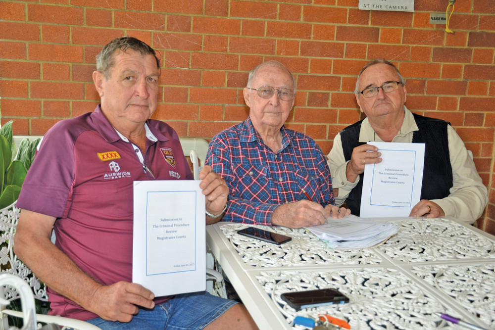 Members of Mareeba Crime Action Group (from left) Convenor Denis McKinley, former Mareeba Mayor Mick Borzi and MCAG member Barry Simpson have made a submission to a Review of Criminal Procedure of Magistrates Courts across the State of Queensland.