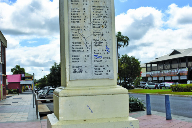WARNING: OFFENSIVE LANGUAGE DISPLAYED – The cenotaph in Mareeba has been once again vandalised, with locals sick of seeing it