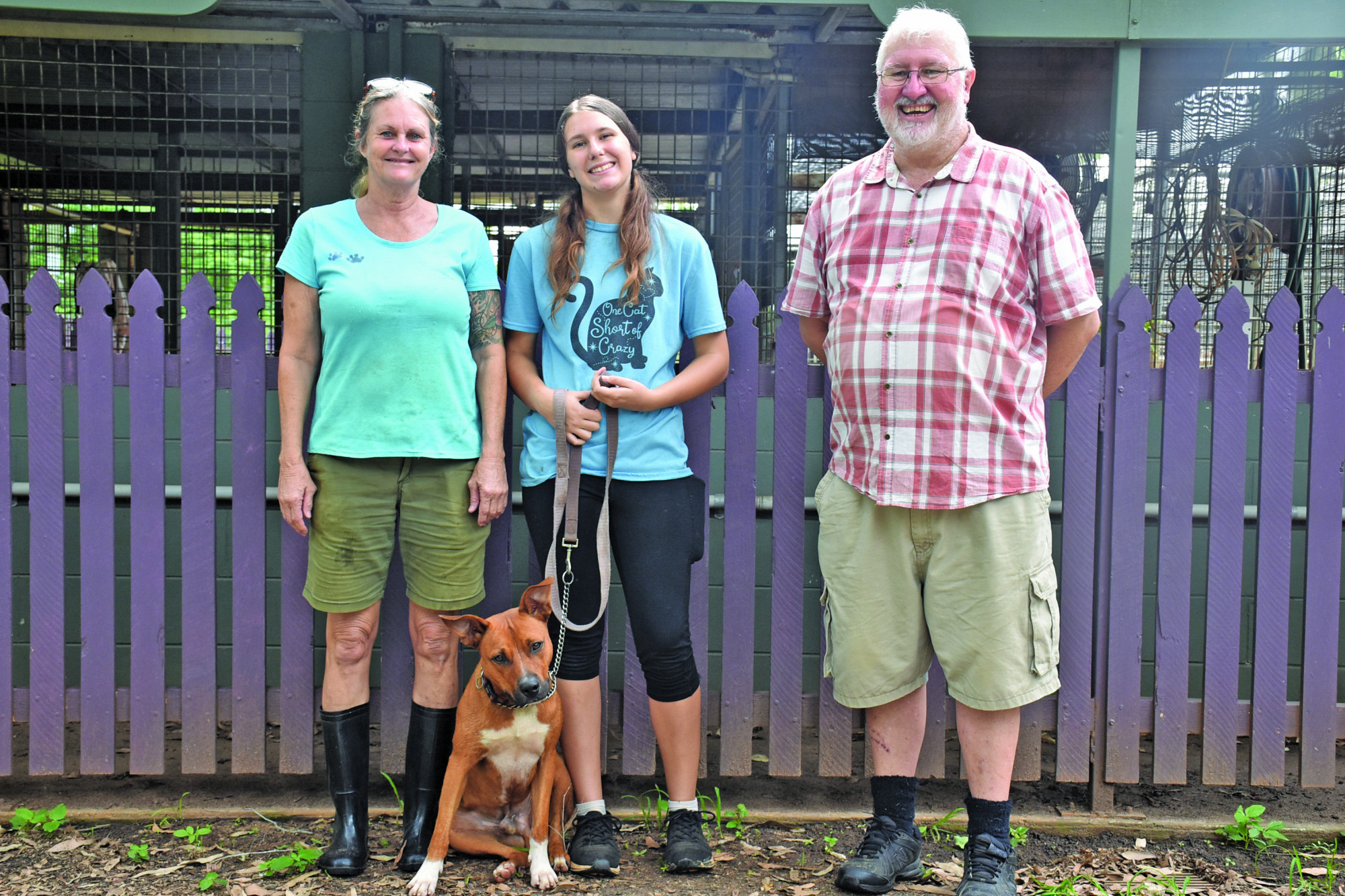 (L-R) Mareeba Animal Refuge volunteers and committee members Kerry Gardner, Felicity Pollard, Andreas Jodner and Buddy who is up for adoption.