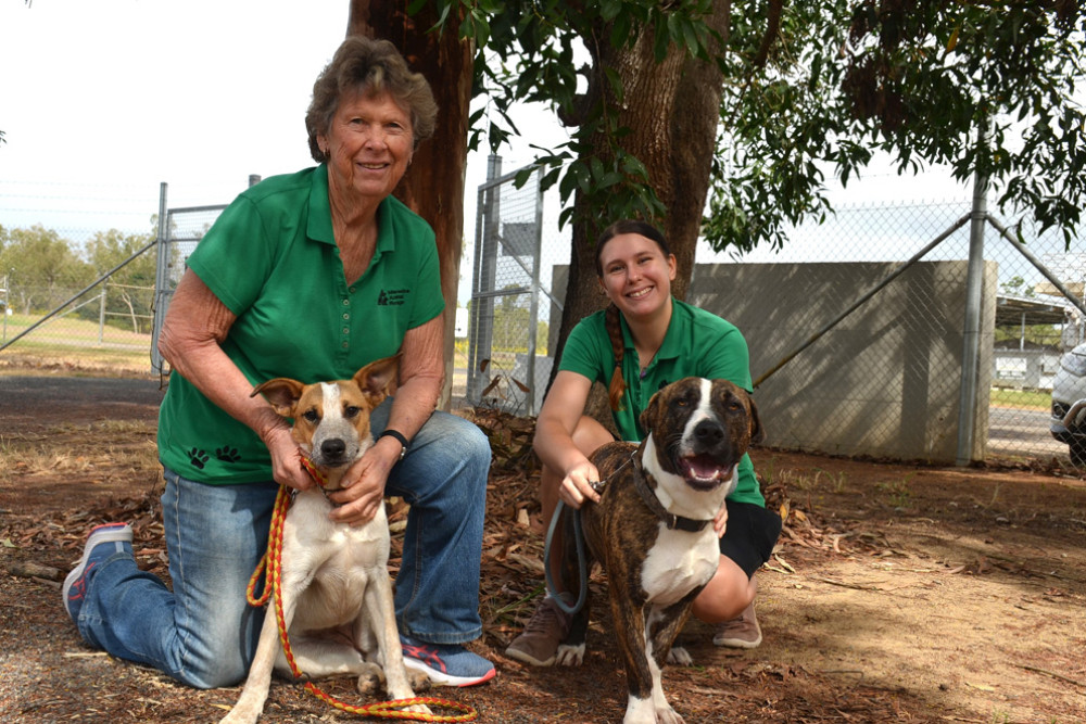 Mareeba Animal Refuge manger Jennifer Walsh and staff member Felicity Pollard with two long term residents who will greatly benefit from a $20,000 bequest from the late Margaret (Liz) Adomeit.