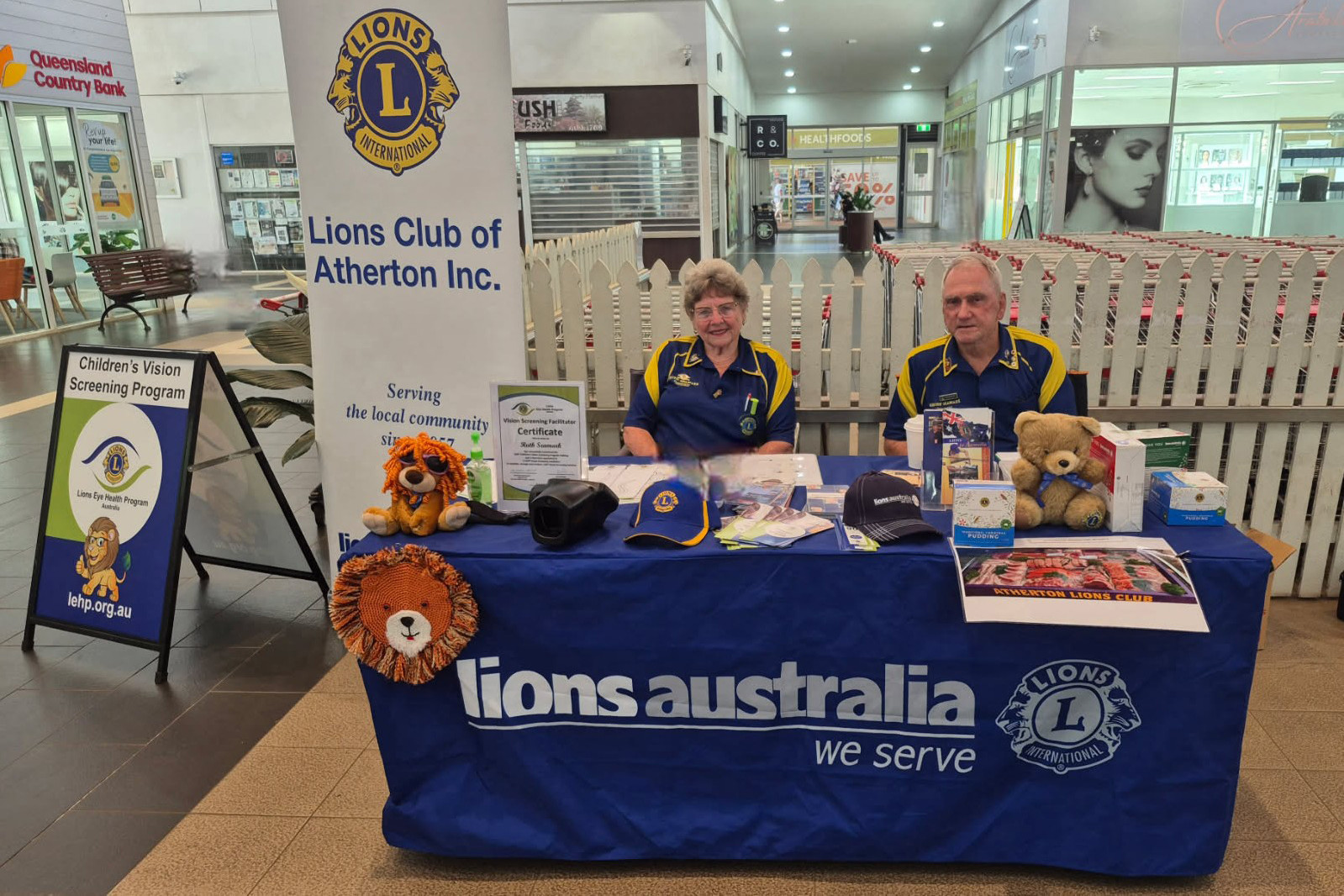 Atherton Lions members Ruth and Geoff Seamark spreading the word about their free eye screening service.
