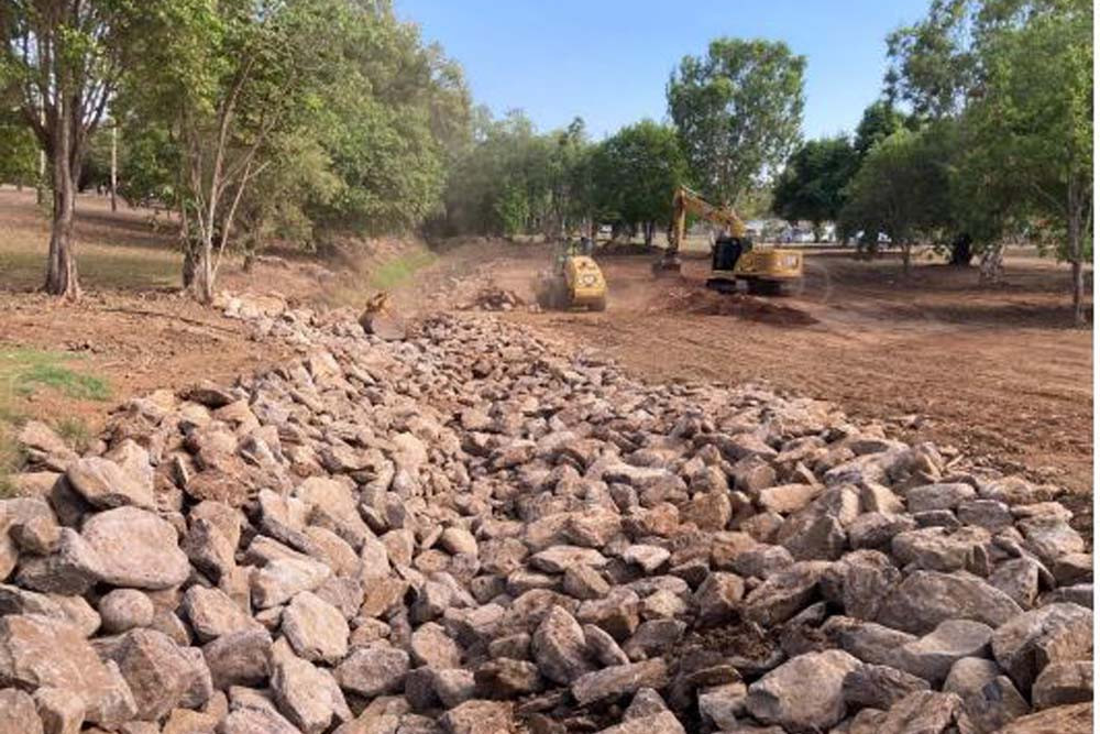 A rock lining has been installed to reshape the lakes into a gully as part of the revitalisation of the Bicentennial Lakes project.