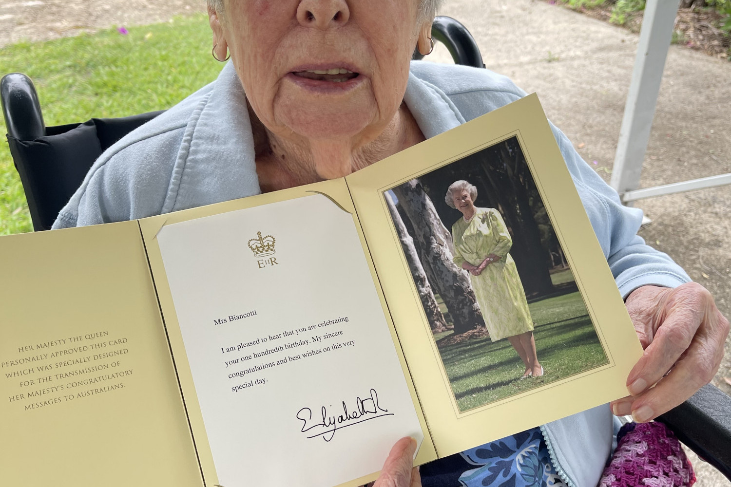 Bruna Biancotti with her letter from Her Majesty Queen Elizabeth II on her 100th Birthday.