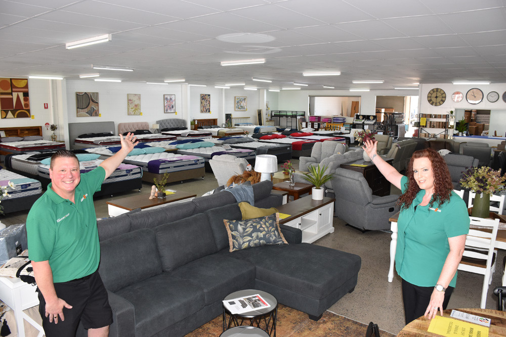 Duffy’s Furniture Court and Beds R Us Mareeba store managers Ryan and Sandy Larson are welcoming customers to their new store on Byrnes Street.