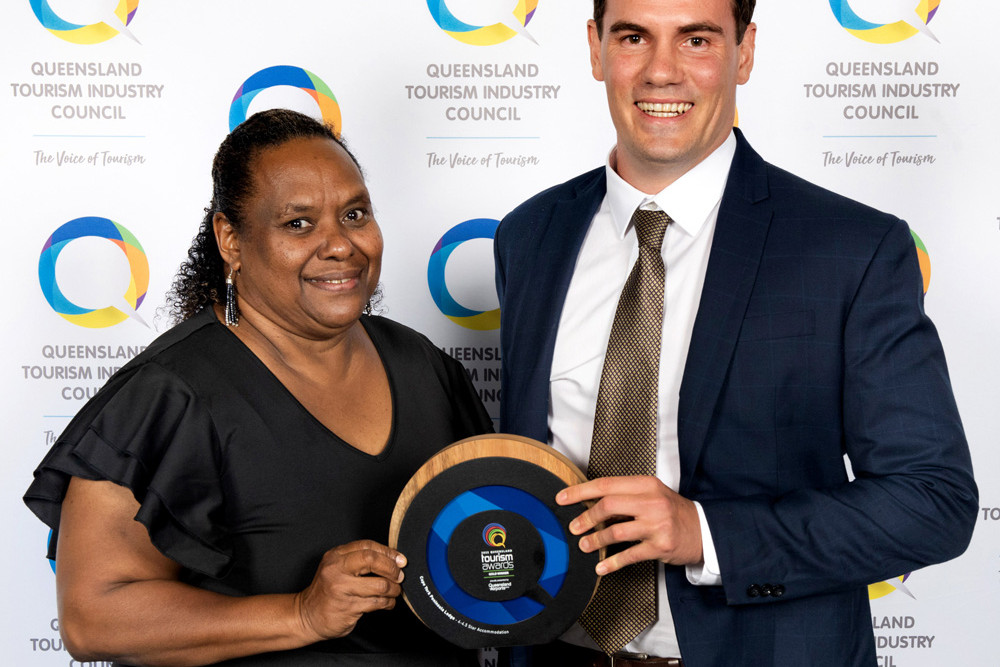 Cape York Peninsula Lodge manager Harrison Mylrea and Bamaga Enterprises Limited director Jean Williams with the 4-4.5 Star Deluxe Accommodation award