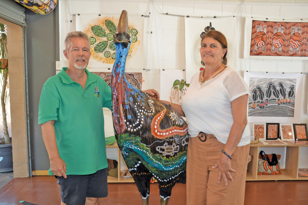 Jurg Jutzi, who founded the Cassowary Art Trail, and First Nations artist Connie Rovina with one of the life-sized cassowaries on display.