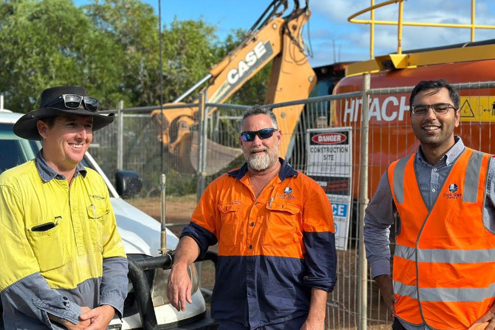 G&M Civil Site Manager Kevin Sadleir, Cook Shire Council’s Road Construction Foreman Mark Whitman and Manager Engineering Khubaib Khan at a recent onsite pre-start work meeting for Stage 5 of the Revitalisation of Charlotte Street project