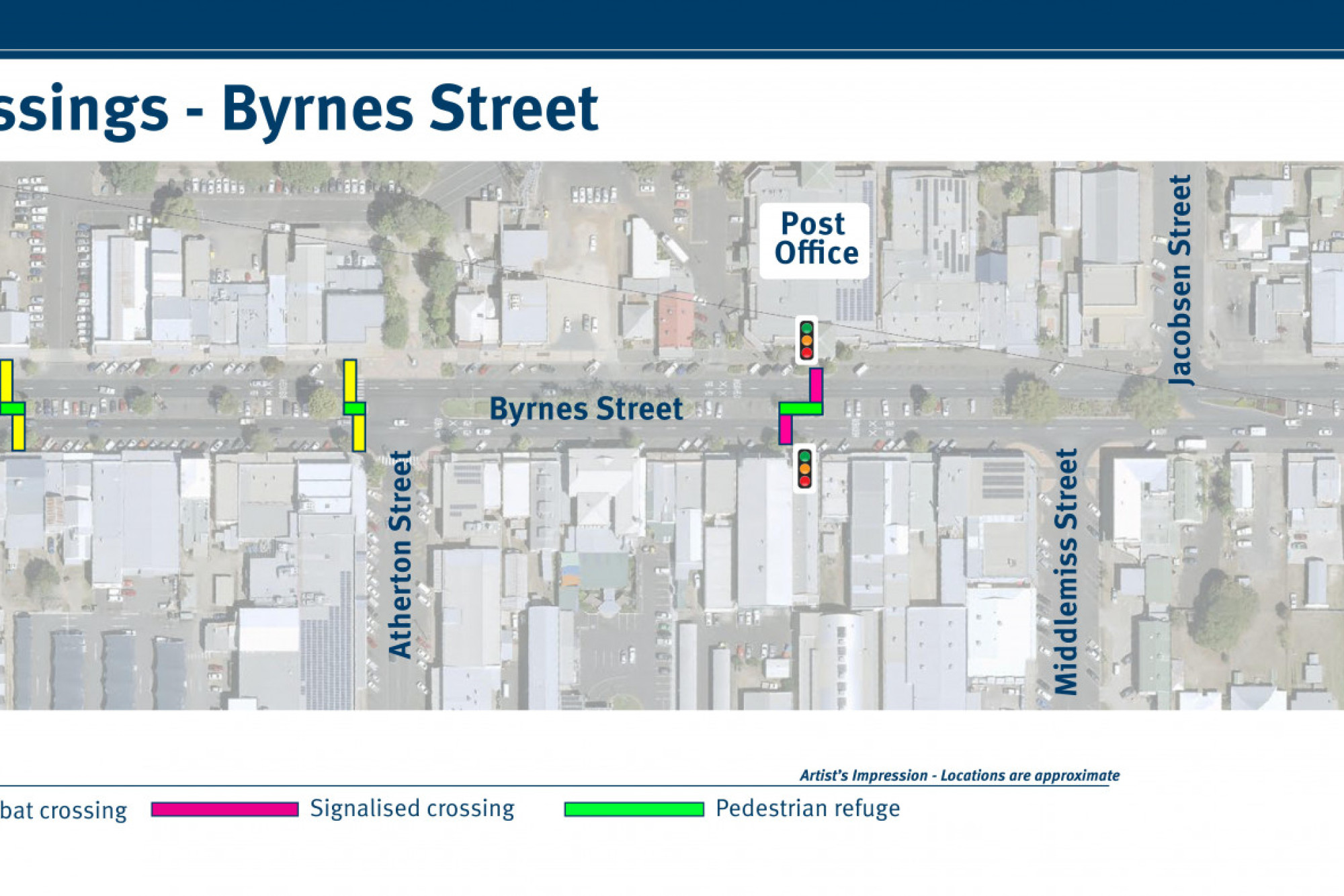 A plan of the where the new crossings will be installed on Byrnes Street.