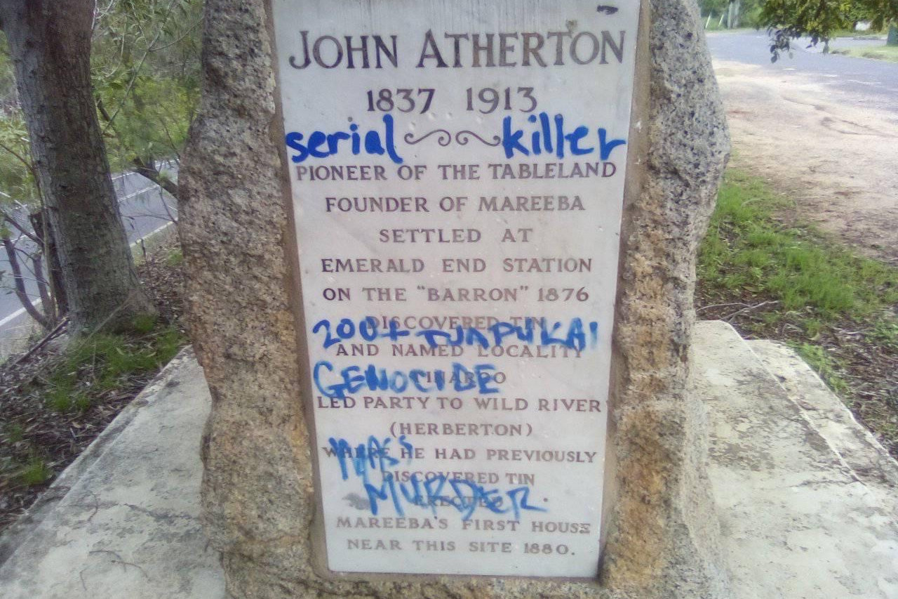 A memorial for pioneer John Atherton was defaced over the Christmas period.