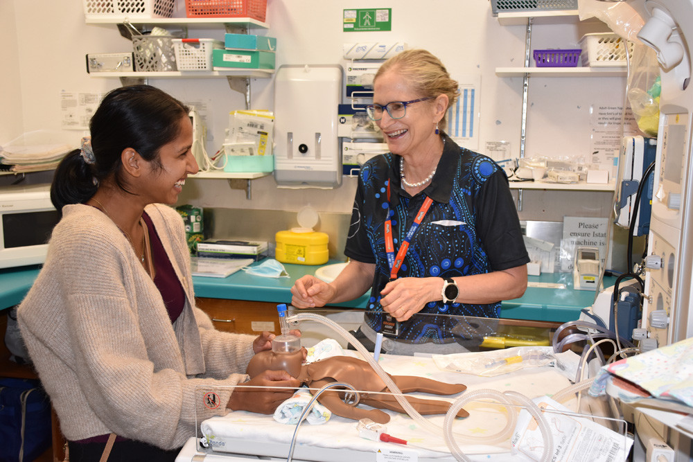 Dr Merrilee Frankish instructing one of her last students, final year medical student Gorakanage Roshni Anjani Gomes Deranlyagala, in baby resuscitation last Thursday.