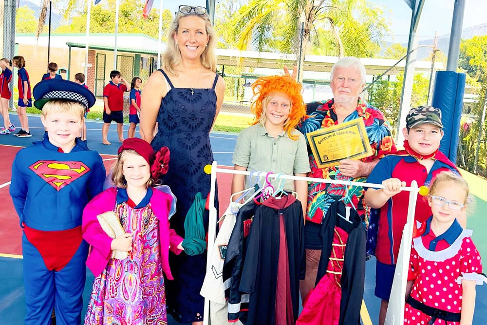 Tommy (left), Phoebe, principal Sarah Mason, Archie Snook, Russell Snook from the Julatten Men’s Shed, Sebastian and Miliana.