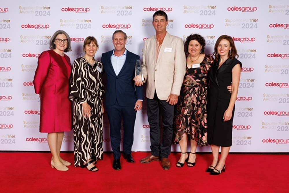 (from left) Coles CEO Leah Weckert, Rock Ridge Fresh marketing and quality manager Patti Cooper-Harrison, general manager Paul Wilson, owners Peter and Chelley Howe and Charlotte Gilbert (Coles general manager of fresh produce) at the awards ceremony.