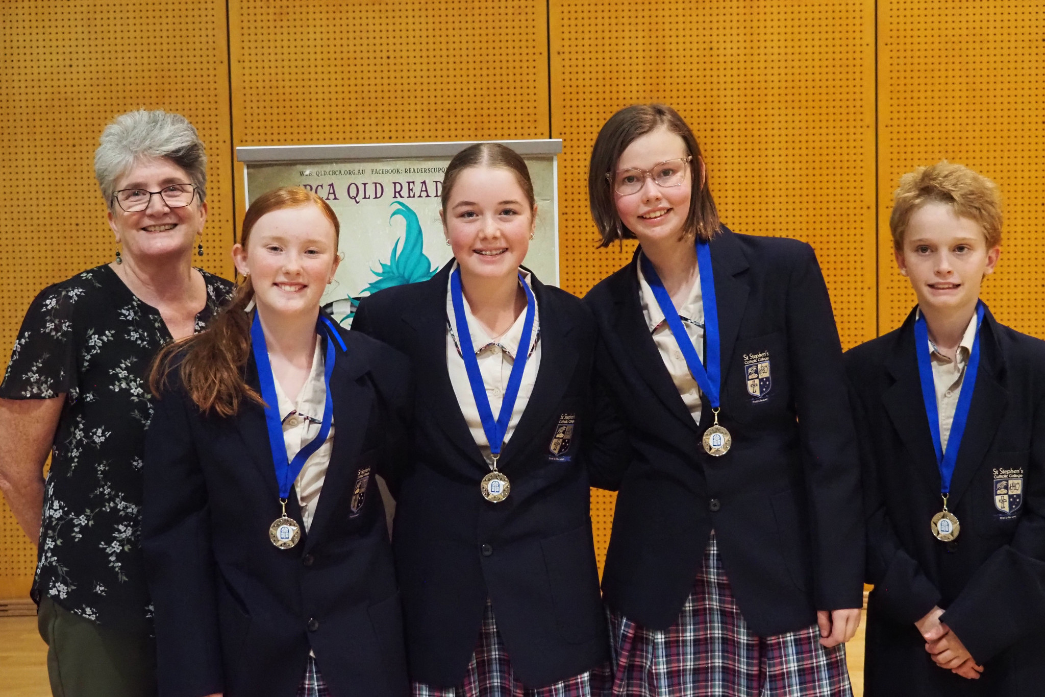 St Stephen’s teacher-librarian Simone Gillies (left) with the second placed St Stephen’s team Hannah Barnes, Mia Inderbitzin, Claire Bateman and Jack Archer.
