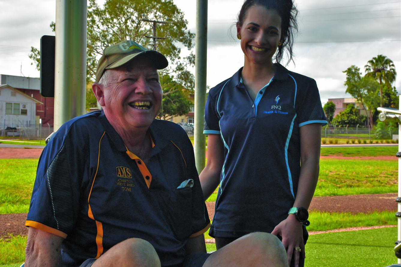 Atherton Men’s Shed Committee Member Tom Murray with FNQ Health and Fitness Exercise Physiologist Carla Barletta