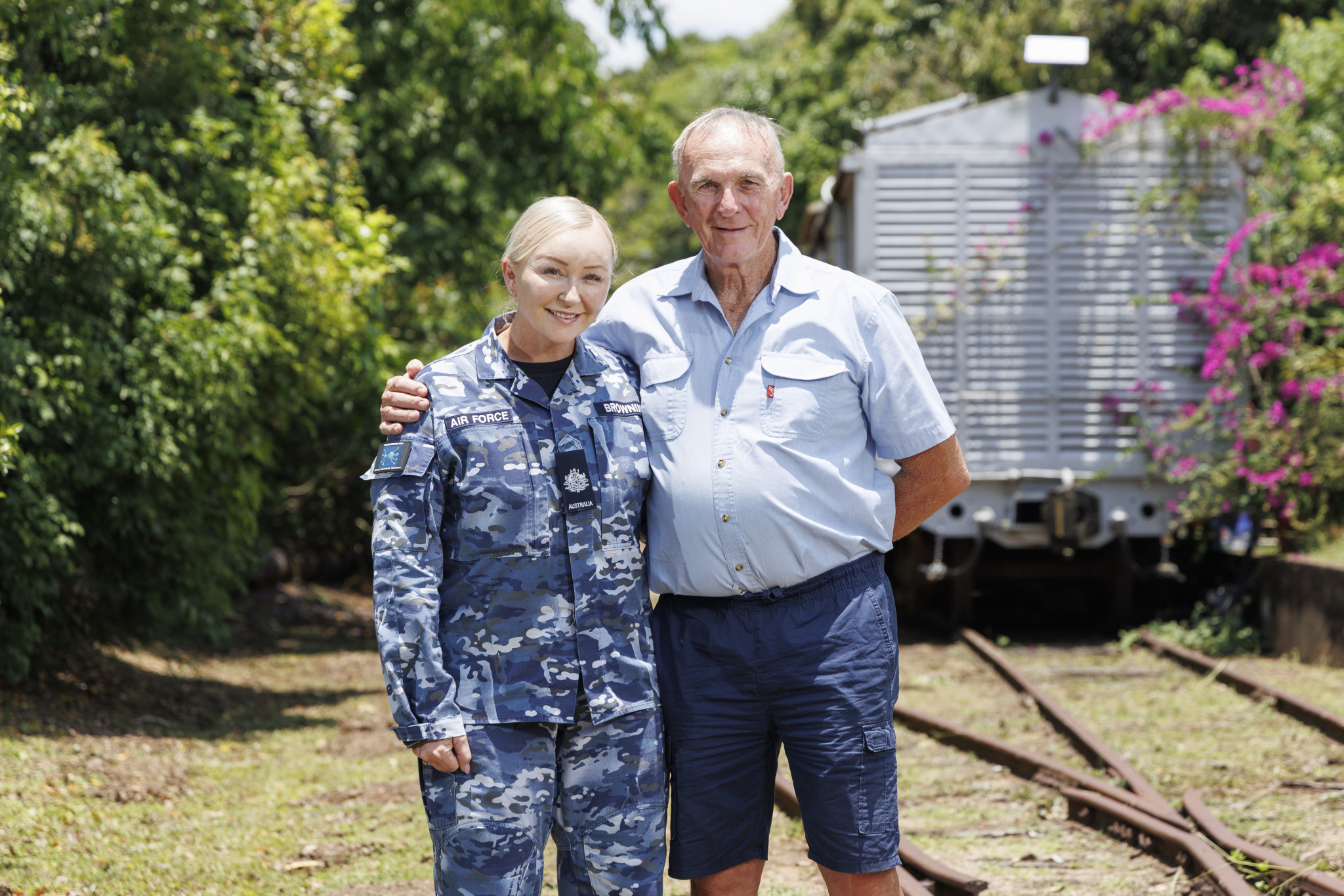 Royal Australian Air Force Warrant Officer Cathleen Browning, from Headquarters Health Services Wing, with her father Tony Fleming, a former Air Force member, in their hometown of Atherton.