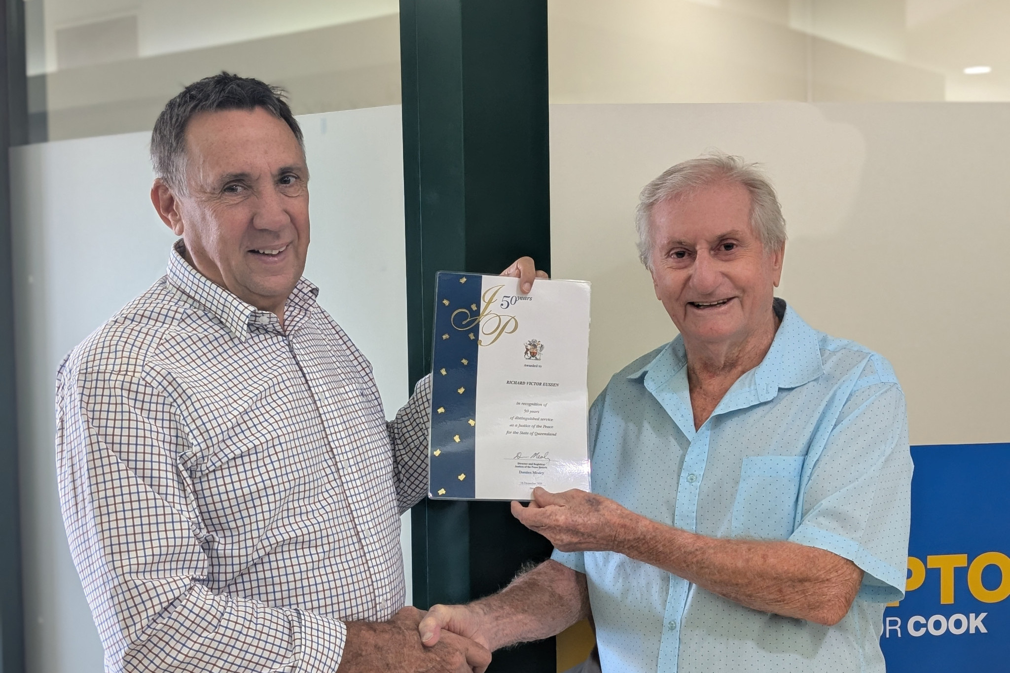 Member for Cook David Kempton presented Dick Eussen with a certificate for 50 years of service as a Justice of the Peace.