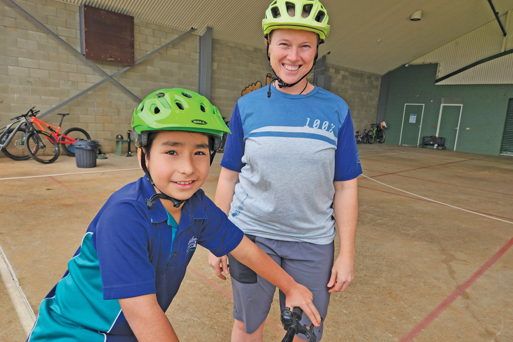 Valwyn Campbell (Year 3) and Leah Stevenson from Off Camber Mountain Biking during Jubilee Christian College’s bike week celebrations.