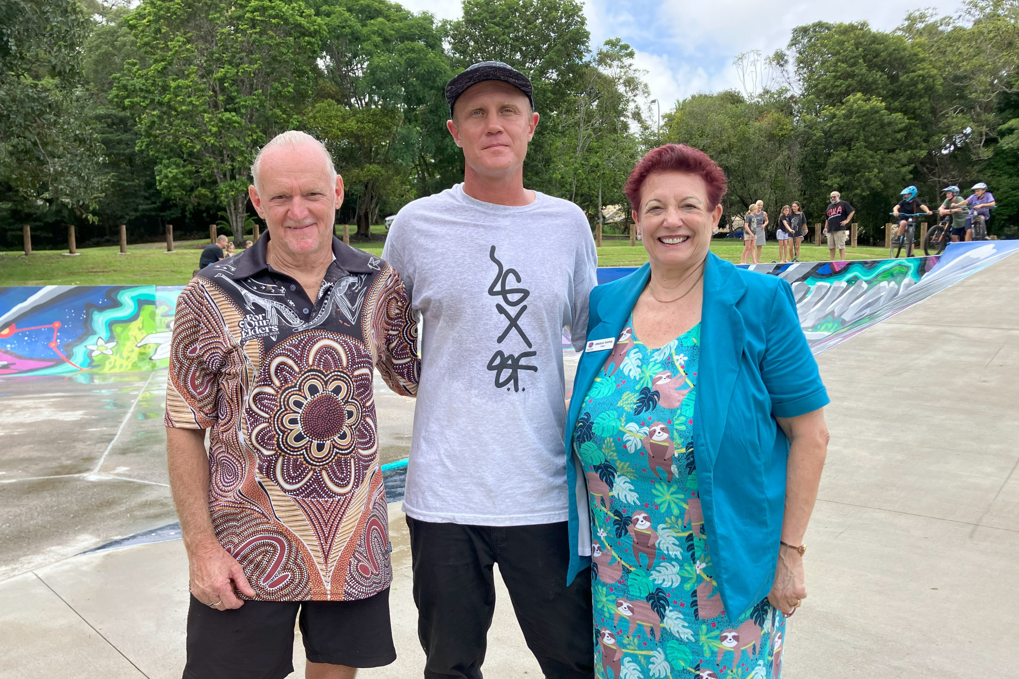 Mayor Angela Toppin with Lance Starr of TRACQS (left), and artist Jak Lilley from Paradox Creative at the skate park opening.