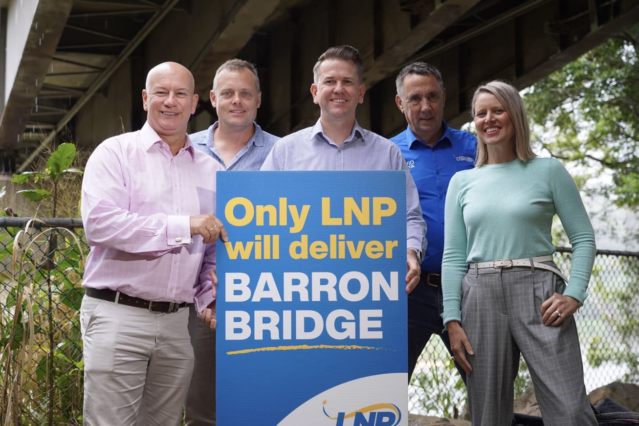 Shadow Minister for Transport Steve Minnikin (left), candidate for Hill Cameron McCollum, Opposition Deputy Leader Jarrod Bleijie, candidate for Cook David Kempton, and candidate for Barron River Bree James have made a pledge to build a new bridge at Kuranda and to fast-track repairs on the existing structure.